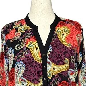 NY Collection Top Blouse Tunic Women 1X Purple Black Paisley V Neck Popover Boho